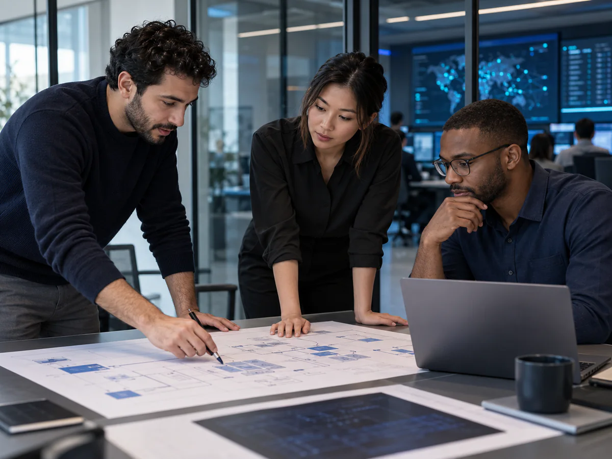 Engineers reviewing an architecture plan together