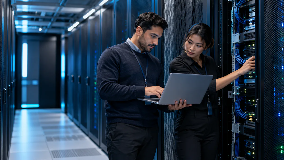 Two engineers configuring systems at a data-center rack