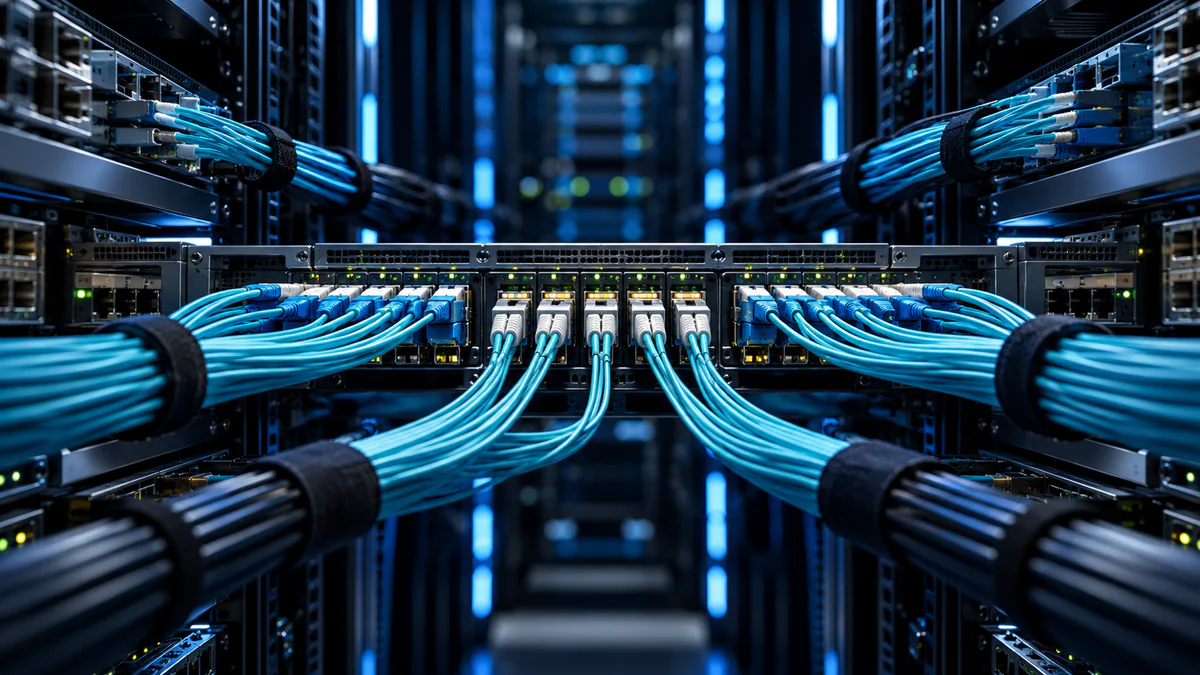 Network patch panel with connected fiber and copper cabling