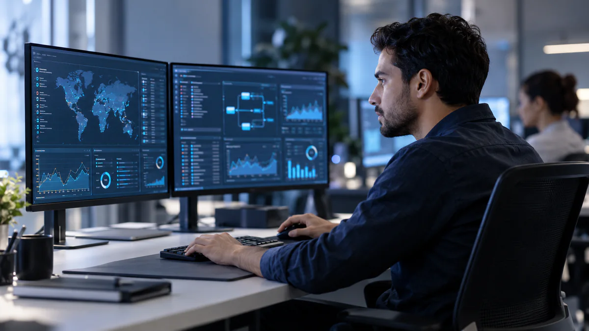Support engineer monitoring security dashboards