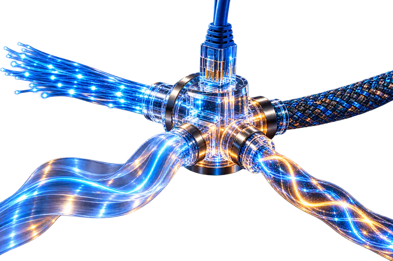 Secure hub connecting fiber, network and data channels
